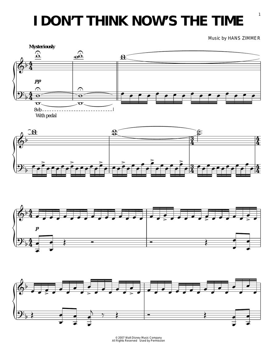 I Don't Think Now's The Time (from Pirates Of The Caribbean: At World's End) Piano Solo scores gallery preview page 1