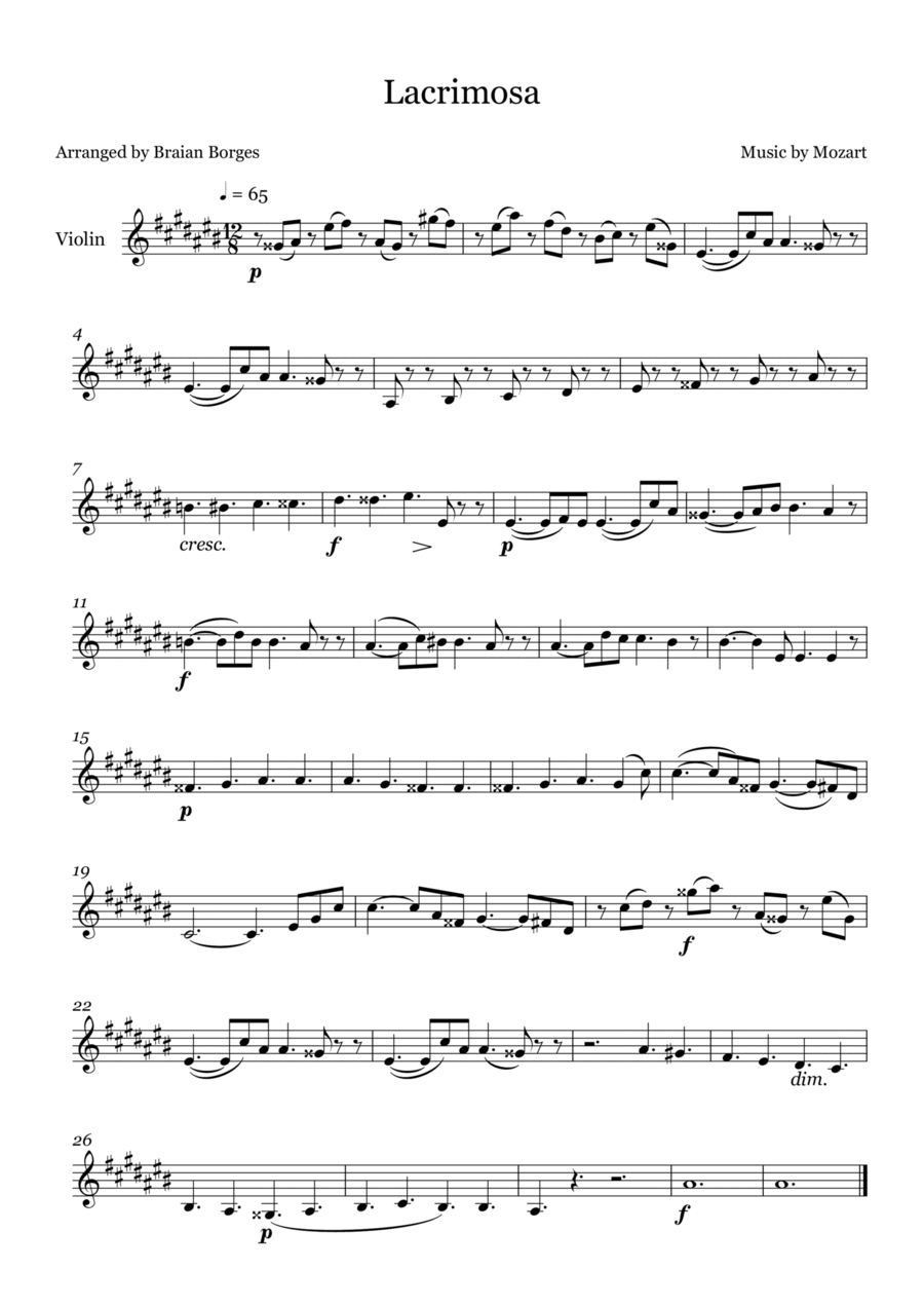 Lacrimosa in C# Major - For Violin Violin Solo scores gallery preview page 1