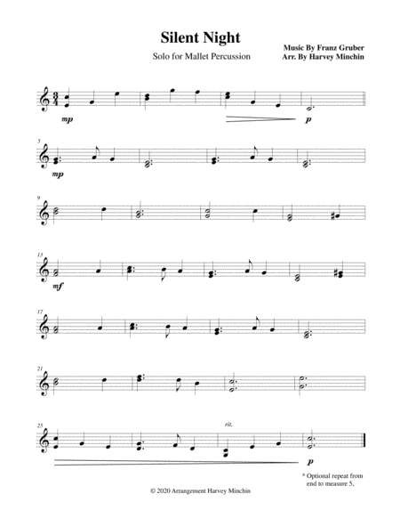 Silent Night for Solo Mallet Percussion by Franz Xaver Gruber Percussion Ensemble - Digital Sheet Music