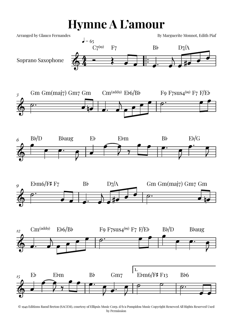 Hymne A L'amour Soprano Saxophone scores gallery preview page 1