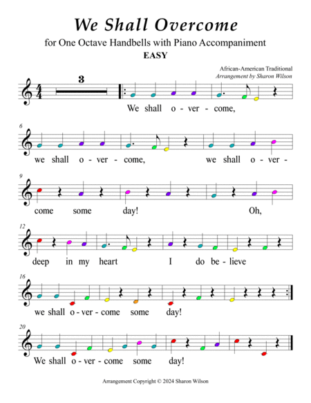 We Shall Overcome for One Octave Handbell Choir with Piano accompaniment (Color Coded Notes) image number null