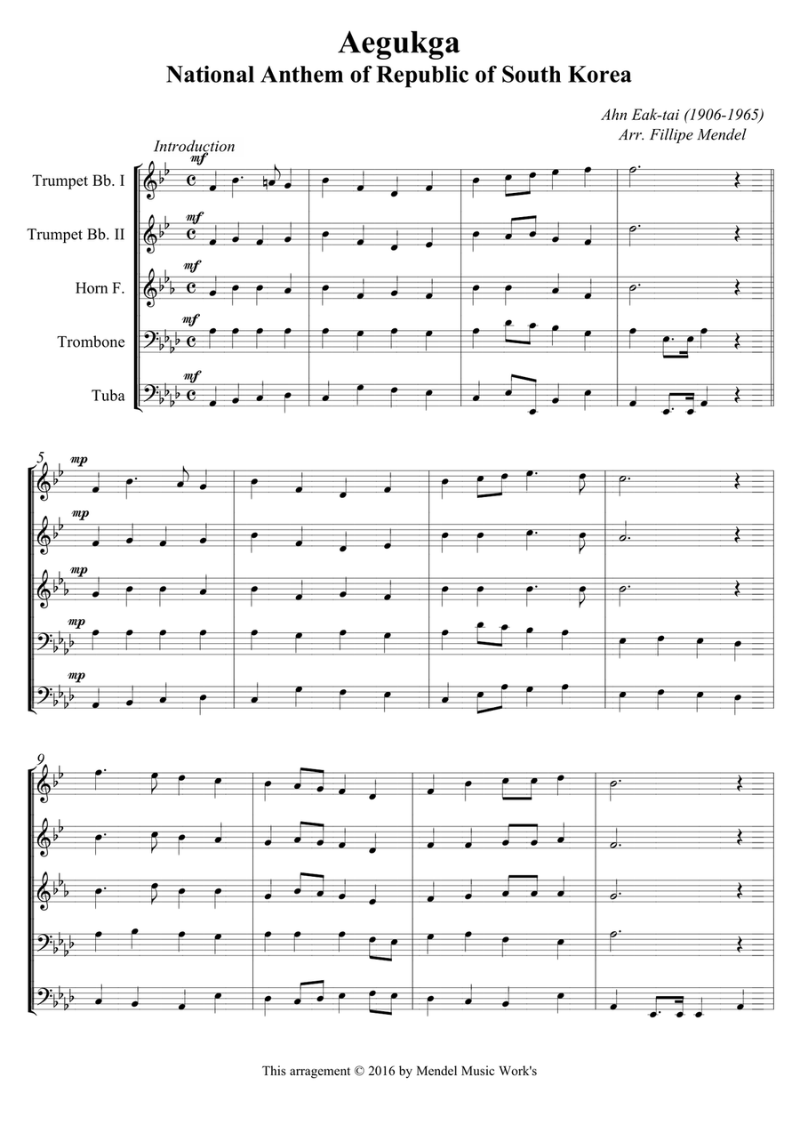 National Anthem of South Korea Brass Ensemble scores gallery preview page 1