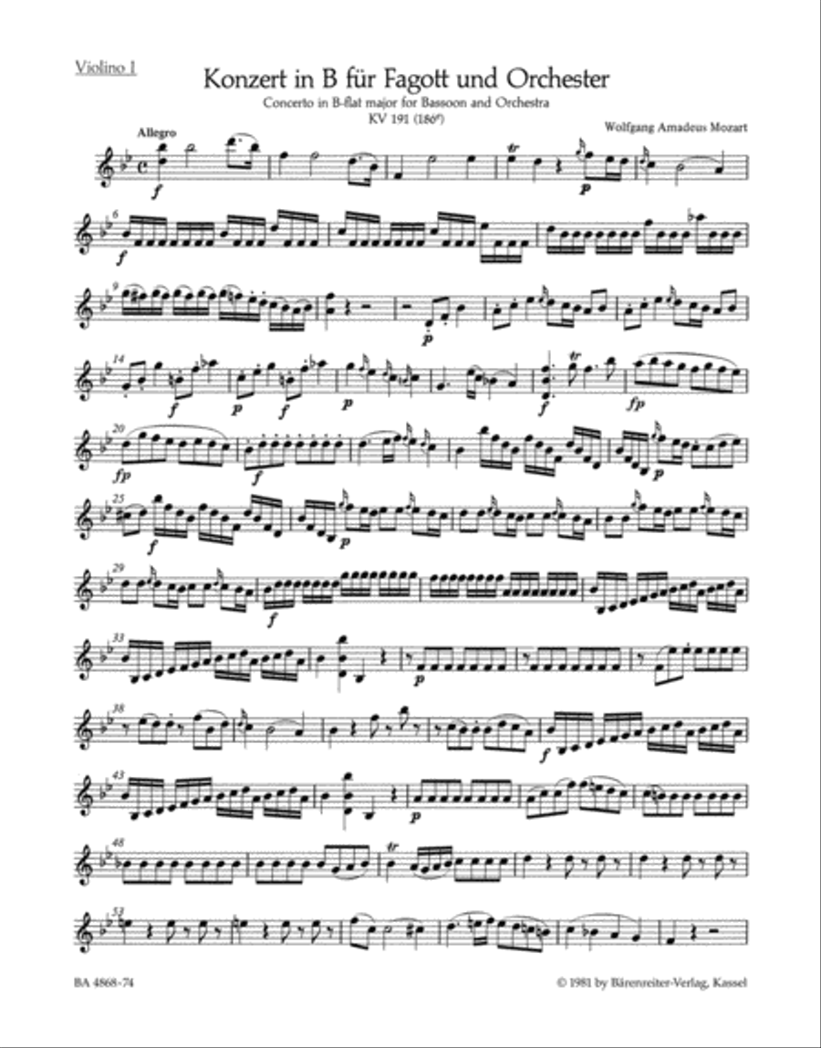 Concerto for Bassoon and Orchestra B flat major, KV 191(186e) Bassoon Solo scores gallery preview page 1