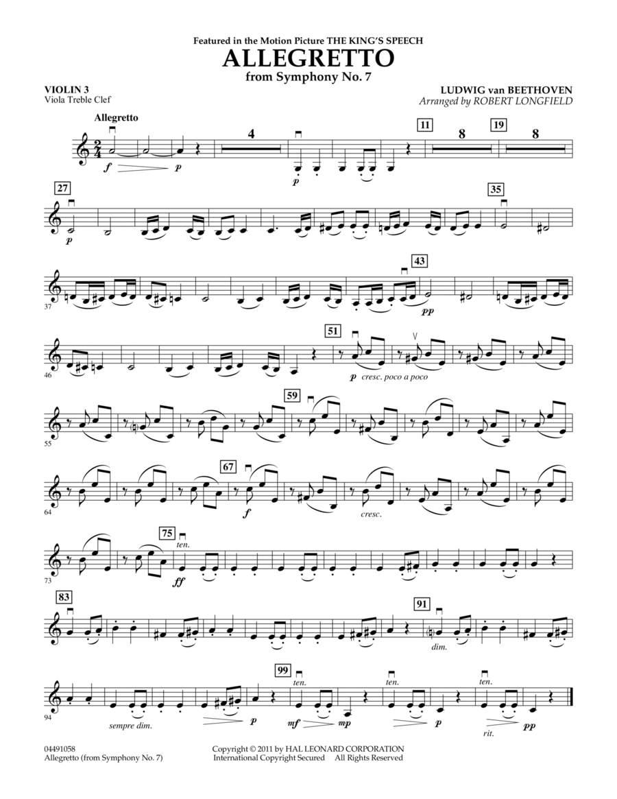 Allegretto (from Symphony No. 7) - Violin 3 (Viola Treble Clef) Orchestra scores gallery preview page 1