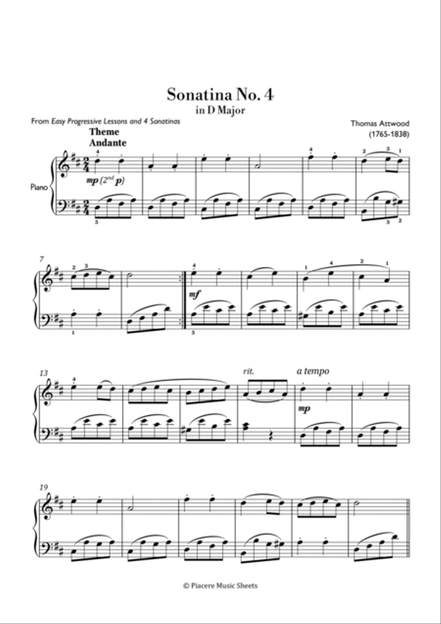 Attwood - Theme and Variations from Sonatina No. 4 in D Major - Intermediate Chamber Music scores gallery preview page 2