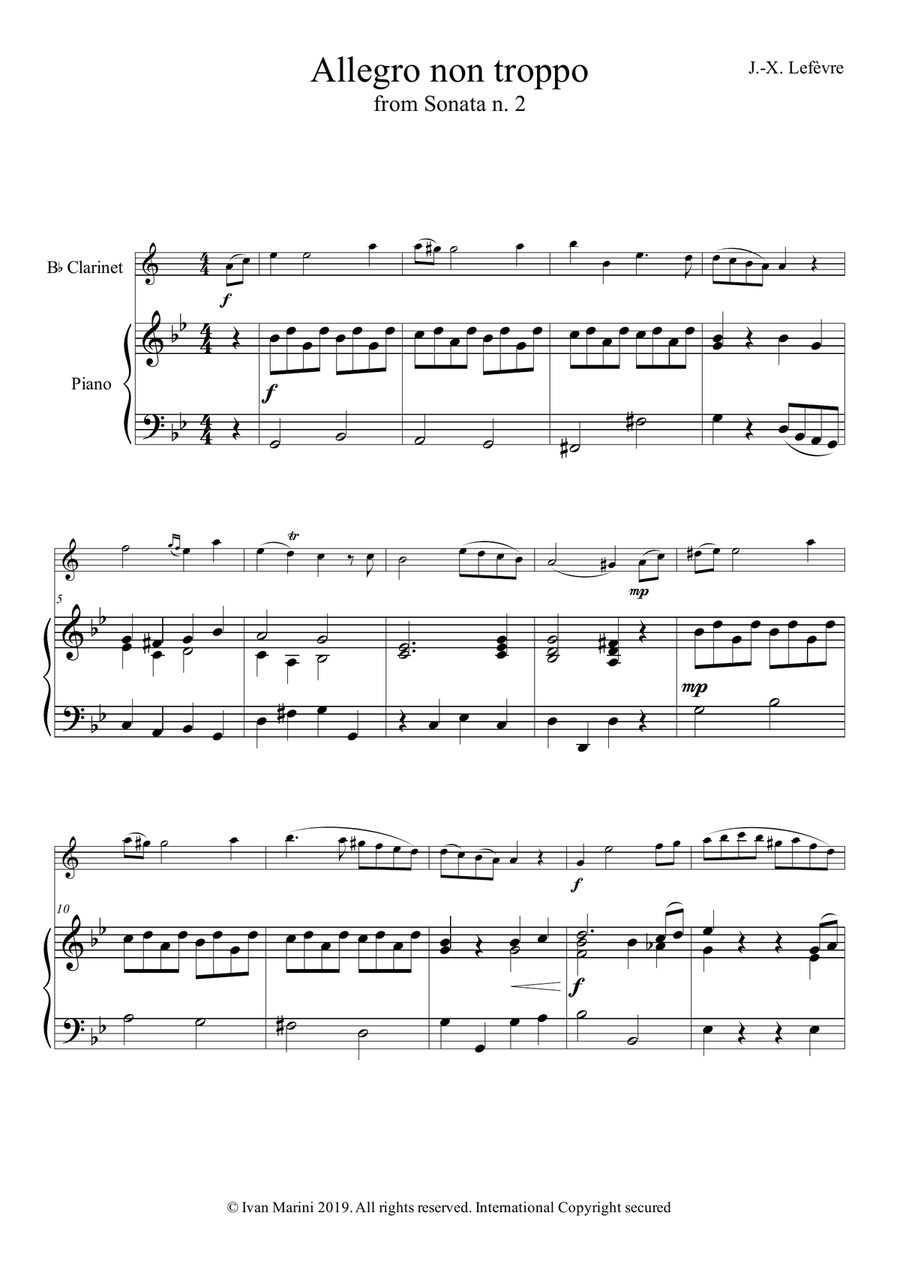 Sonata for Clarinet N. 2 - I (Allegro) - J.X. Lefevre Clarinet Solo scores gallery preview page 1