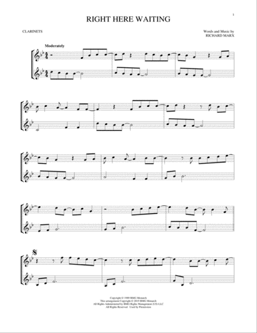 Right Here Waiting Right Here Waiting Clarinet Duet scores gallery preview page 1