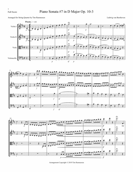 Beethoven - Piano Sonata 7 in D Major Op 10-3 - Arranged for String Quartet.  Score and parts.