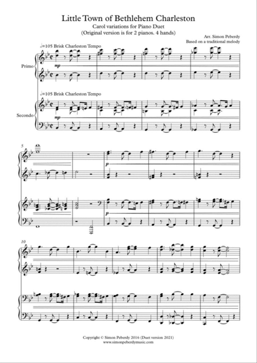 Little Town of Bethlehem Charleston, fun carol variations for Piano Duet by Simon Peberdy 1 Piano, 4-Hands scores gallery preview page 2