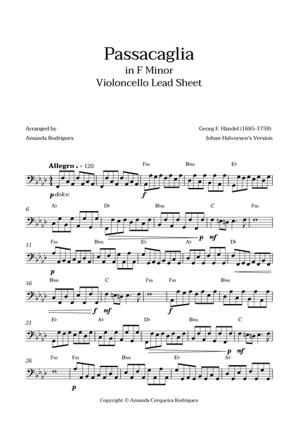 Passacaglia - Easy Cello Lead Sheet in Fm Minor (Johan Halvorsen's Version) image number null