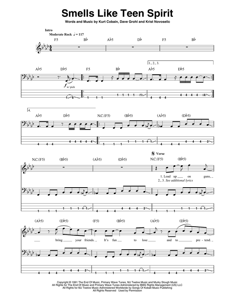 Smells Like Teen Spirit Bass Guitar Tablature scores gallery preview page 1