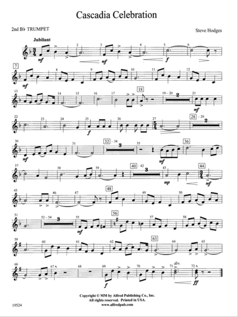 Cascadia Celebration: 2nd B-flat Trumpet Concert Band scores gallery preview page 1