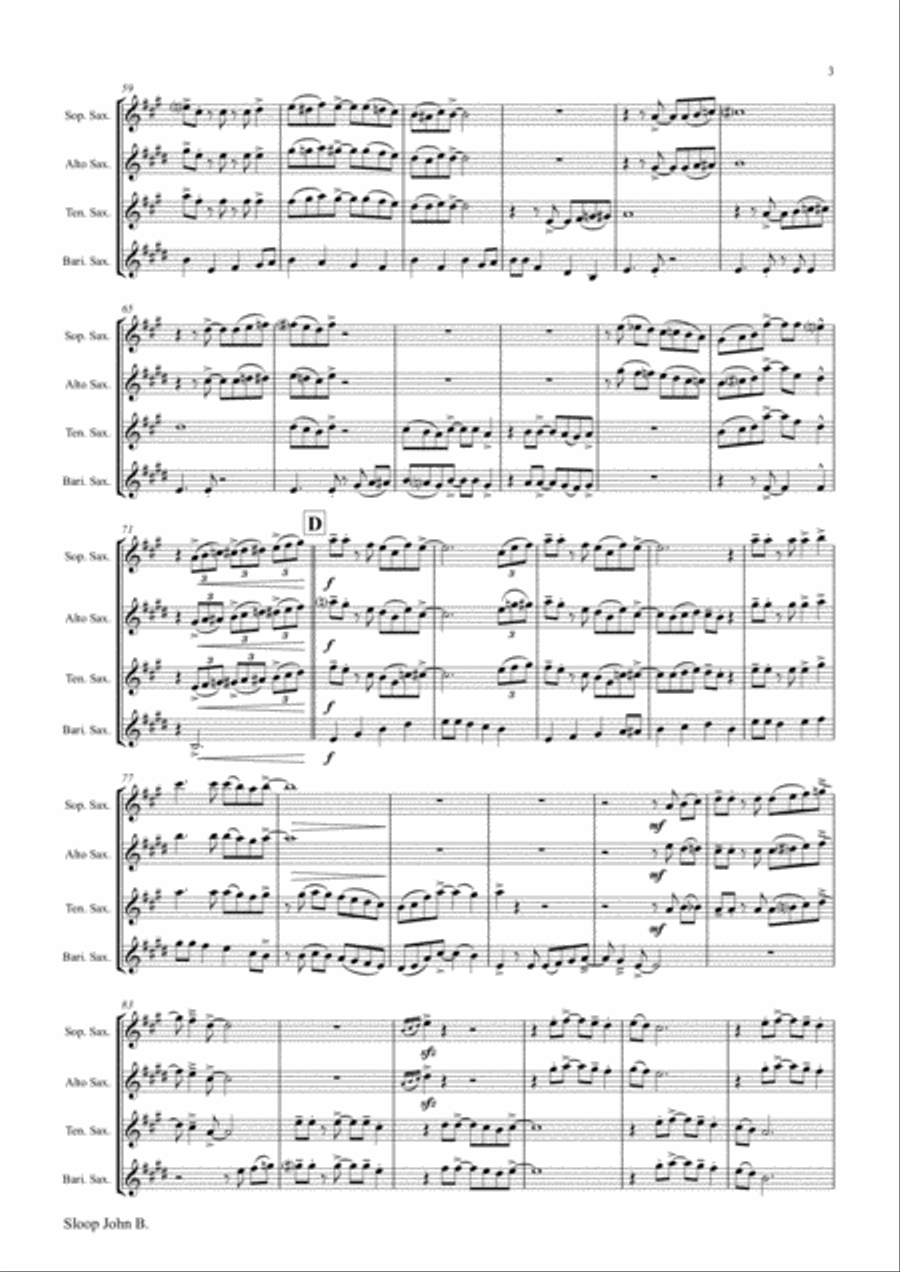 Sloop John B. - Caribian Folk Song - Saxophone Quartet Saxophone Quartet scores gallery preview page 3