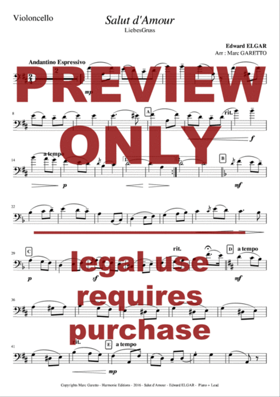 Salut d'Amour - LiebesGruss - EDWARD ELGAR - VIOLONCELLO and PIANO - Arrangement by Marc GARETTO Piano scores gallery preview page 3