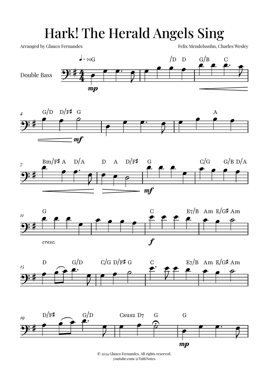 Hark! The Herald Angels Sing | BEAUTIFUL Christmas Carol Double Bass scores gallery preview page 1