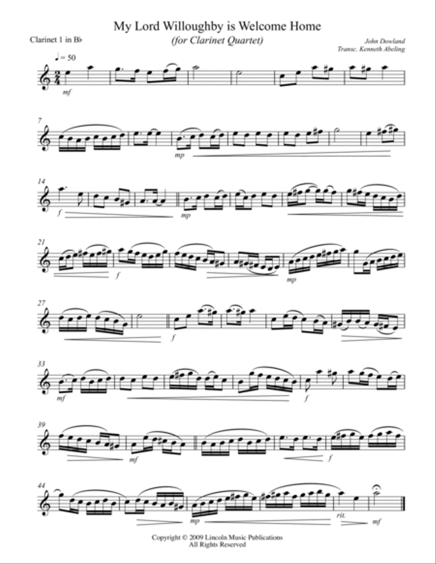 My Lord Willoughby is Welcome Home (for Clarinet Quartet) Clarinet Quartet scores gallery preview page 4