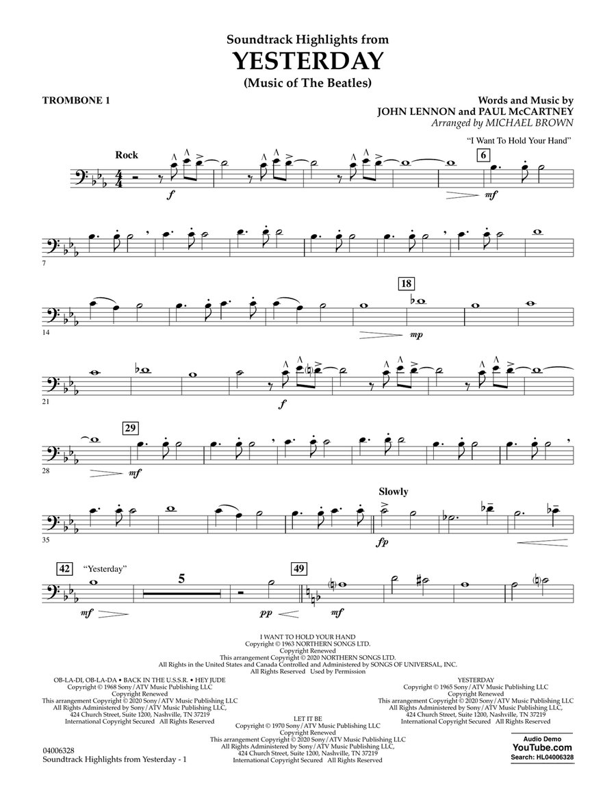 Highlights from Yesterday (Music Of The Beatles) (arr. Michael Brown) - Trombone 1 Concert Band scores gallery preview page 1