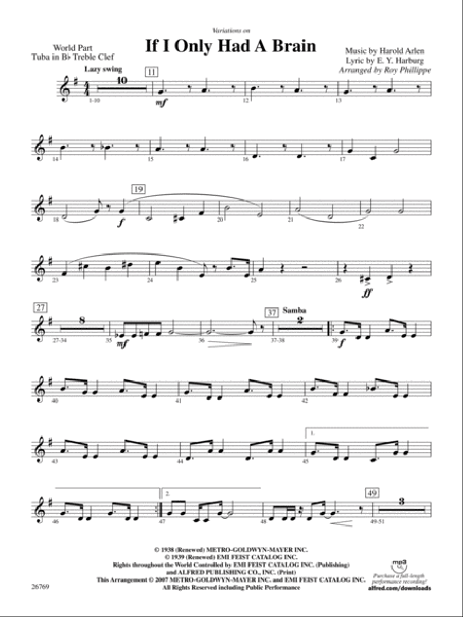 Variations on If I Only Had a Brain (from The Wizard of Oz): (World Part) B-flat Tuba T.C. Concert Band scores gallery preview page 1