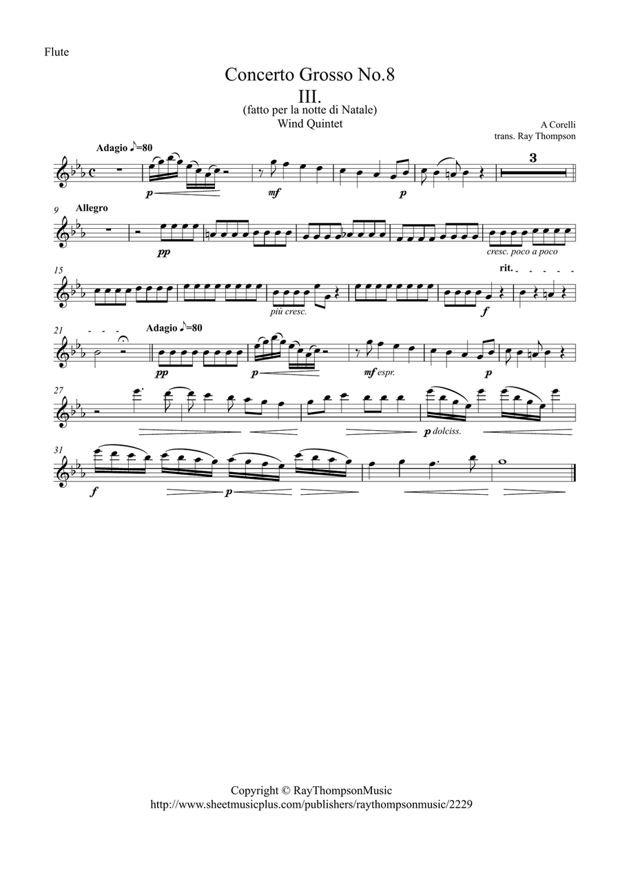 Corelli: Concerto Grosso Op.6 No.8 (Christmas Concerto) III (Adagio/Allegro/Adagio) - wind quintet Woodwind Quintet scores gallery preview page 3