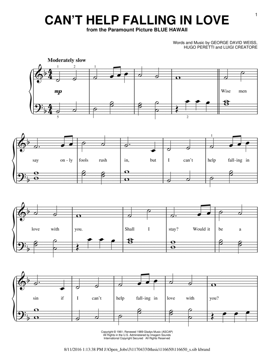Can't Help Falling In Love Easy Piano scores gallery preview page 1