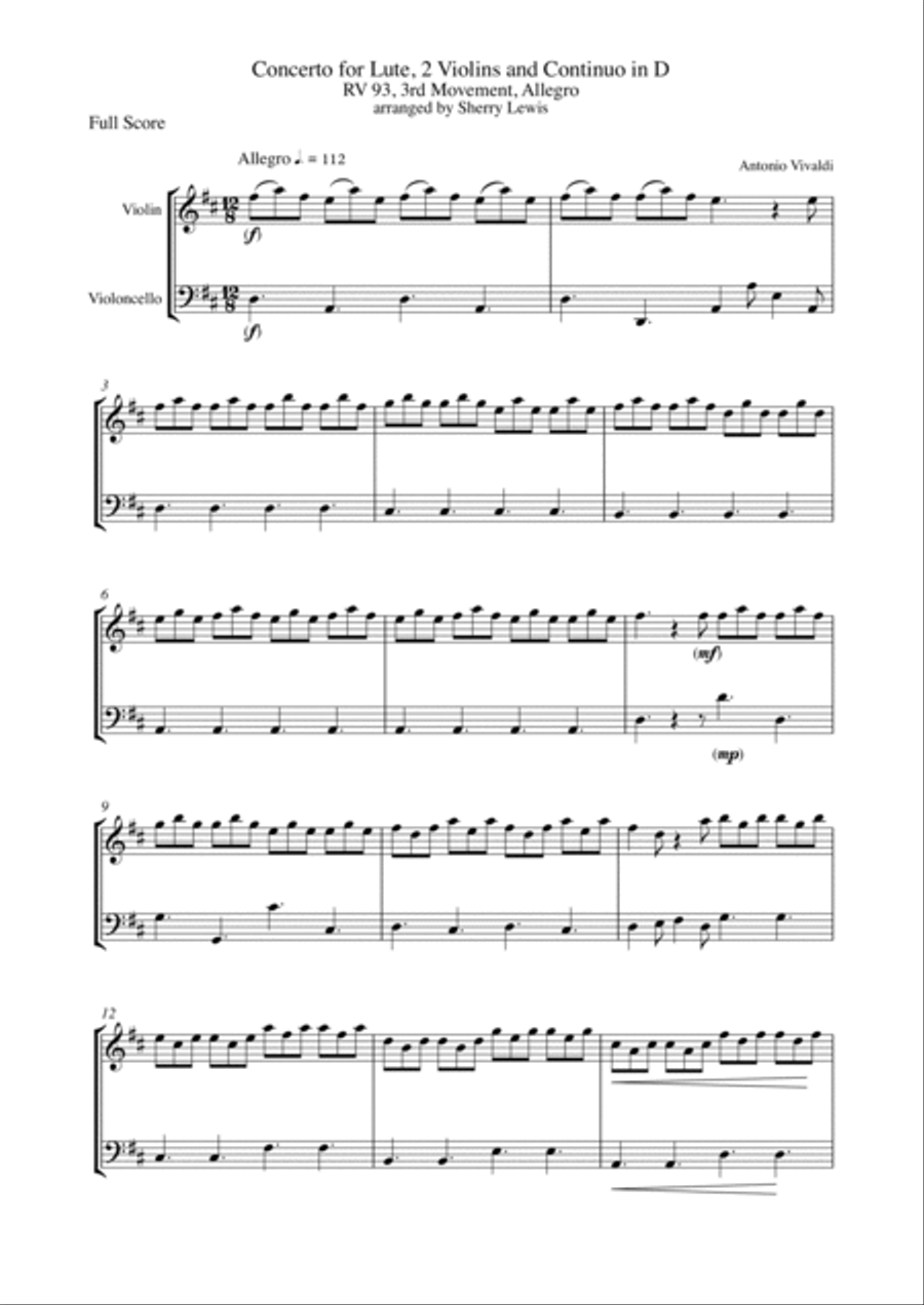 CONCERTO FOR LUTE, 2 VIOLINS AND CONTINUO IN D, RV 93, 3RD MOV, ALLEGRO FOR STRING DUO String Duet scores gallery preview page 4