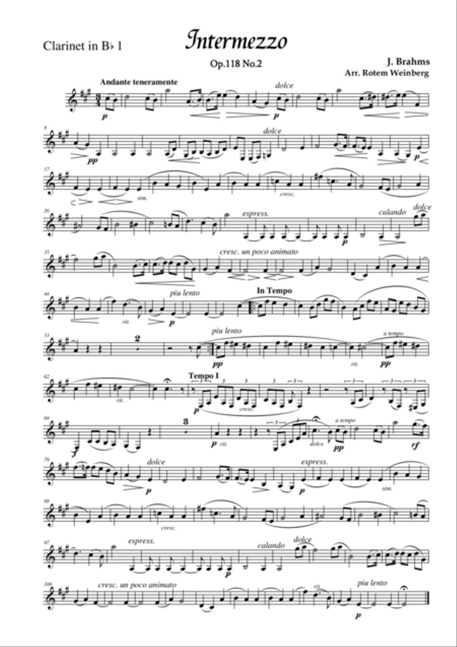 Intermezzo in A Op.118 No.2 (Clarinet Quintet) Clarinet Quintet scores gallery preview page 1