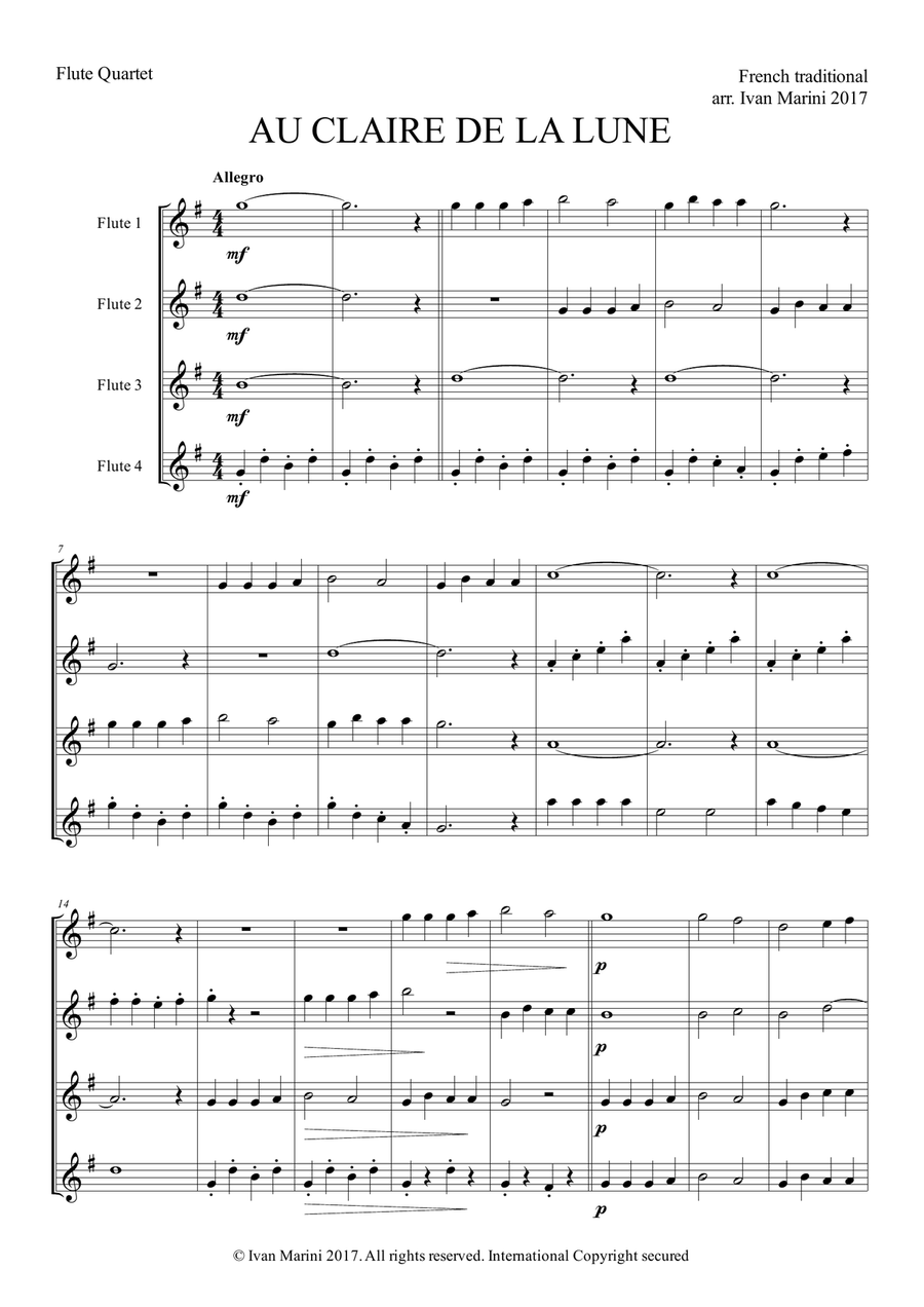 AU CLAIRE DE LA LUNE - for Easy Flute Quartet image number null