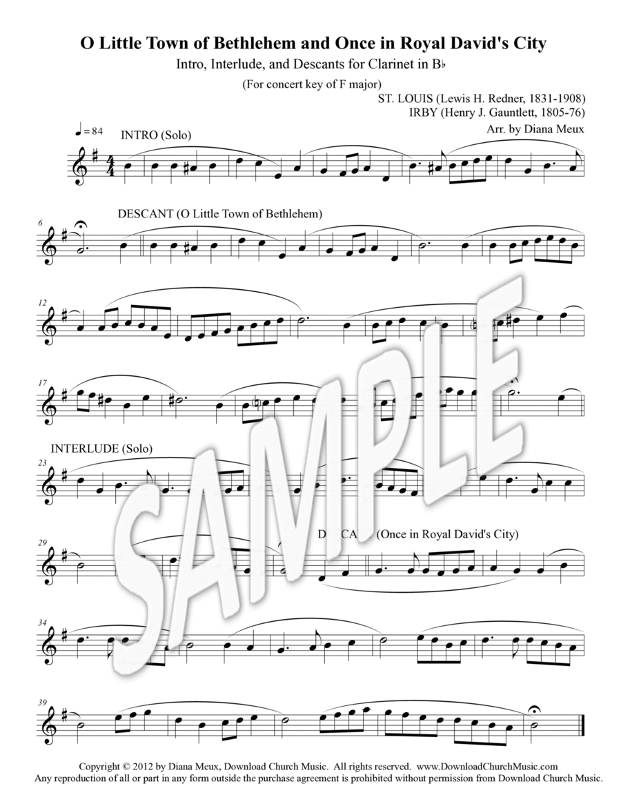 O Little Town of Bethlehem and Once in Royal David's City - Clarinet descants B-Flat Clarinet scores gallery preview page 1