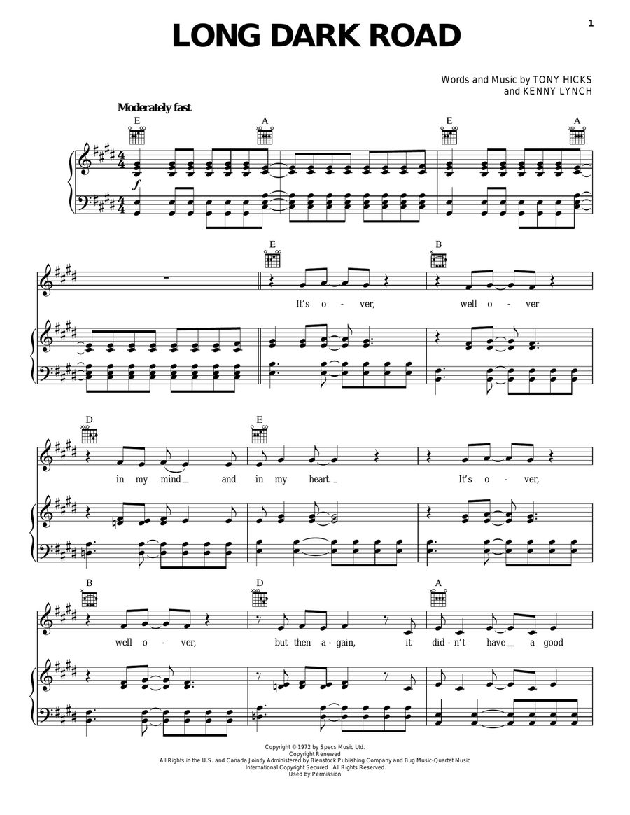Long Dark Road Piano, Vocal, Guitar scores gallery preview page 1