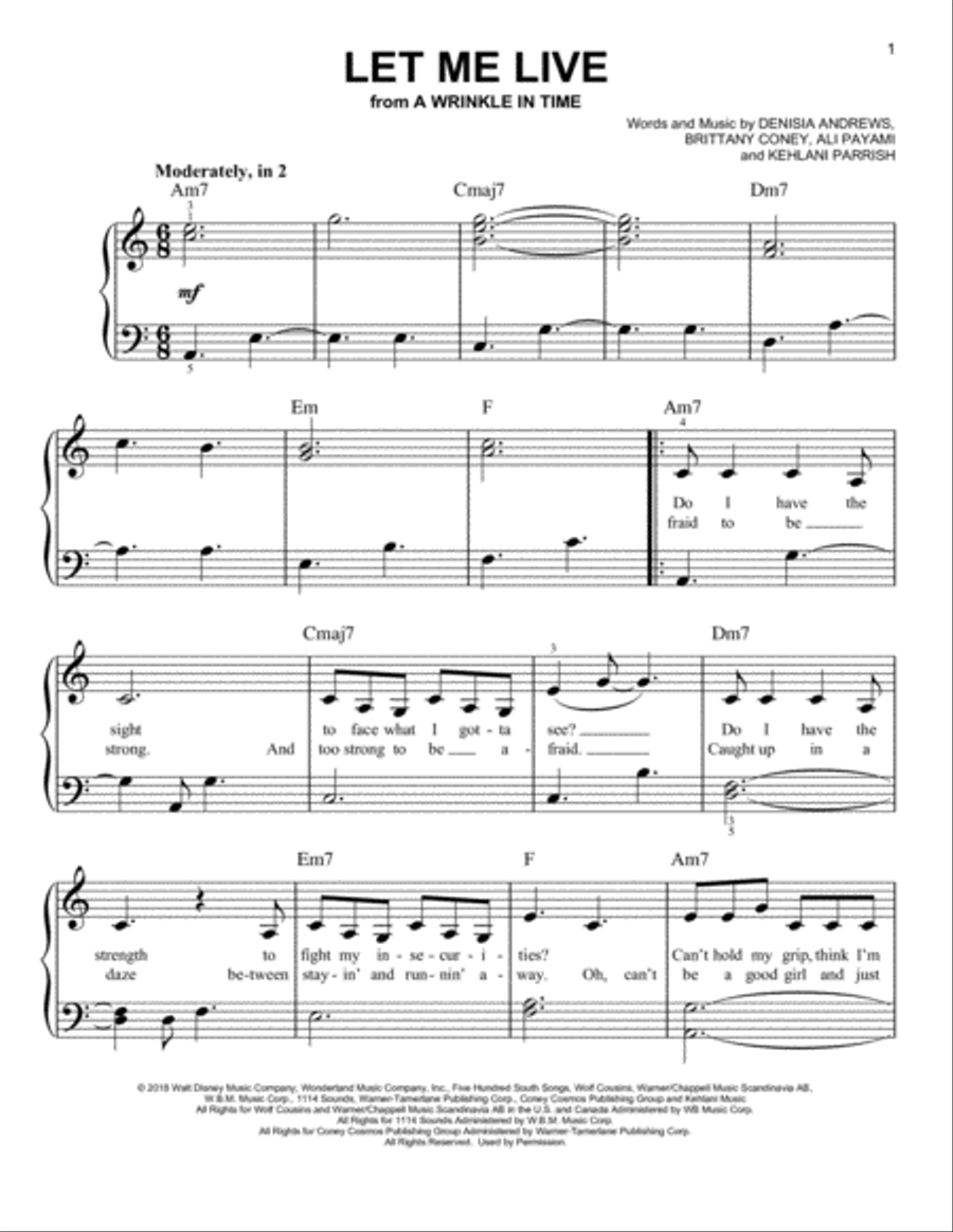 Let Me Live (from A Wrinkle In Time) Easy Piano scores gallery preview page 1