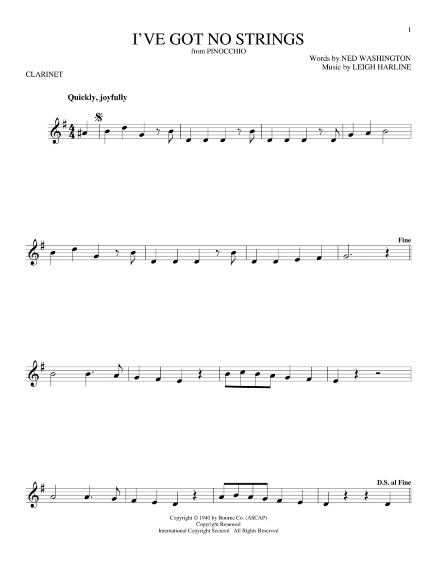 I've Got No Strings (from Pinocchio) Clarinet Solo scores gallery preview page 1