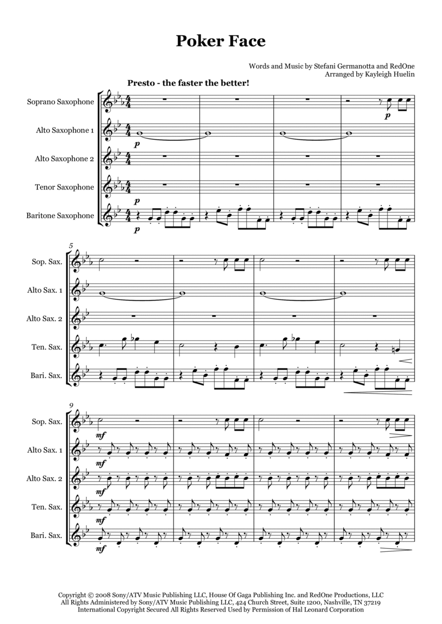 Poker Face Saxophone Quintet scores gallery preview page 1