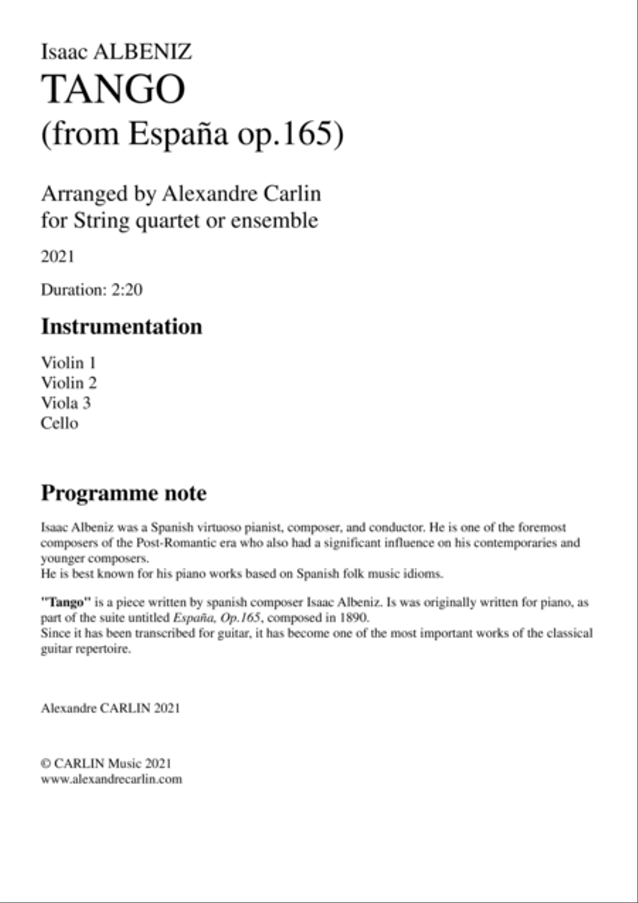 Tango by Albeniz - Arranged for String Quartet or Ensemble String Quartet scores gallery preview page 3