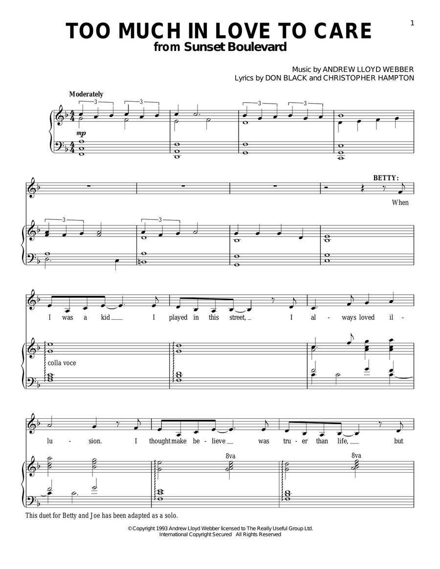 Too Much In Love To Care Piano, Vocal scores gallery preview page 1