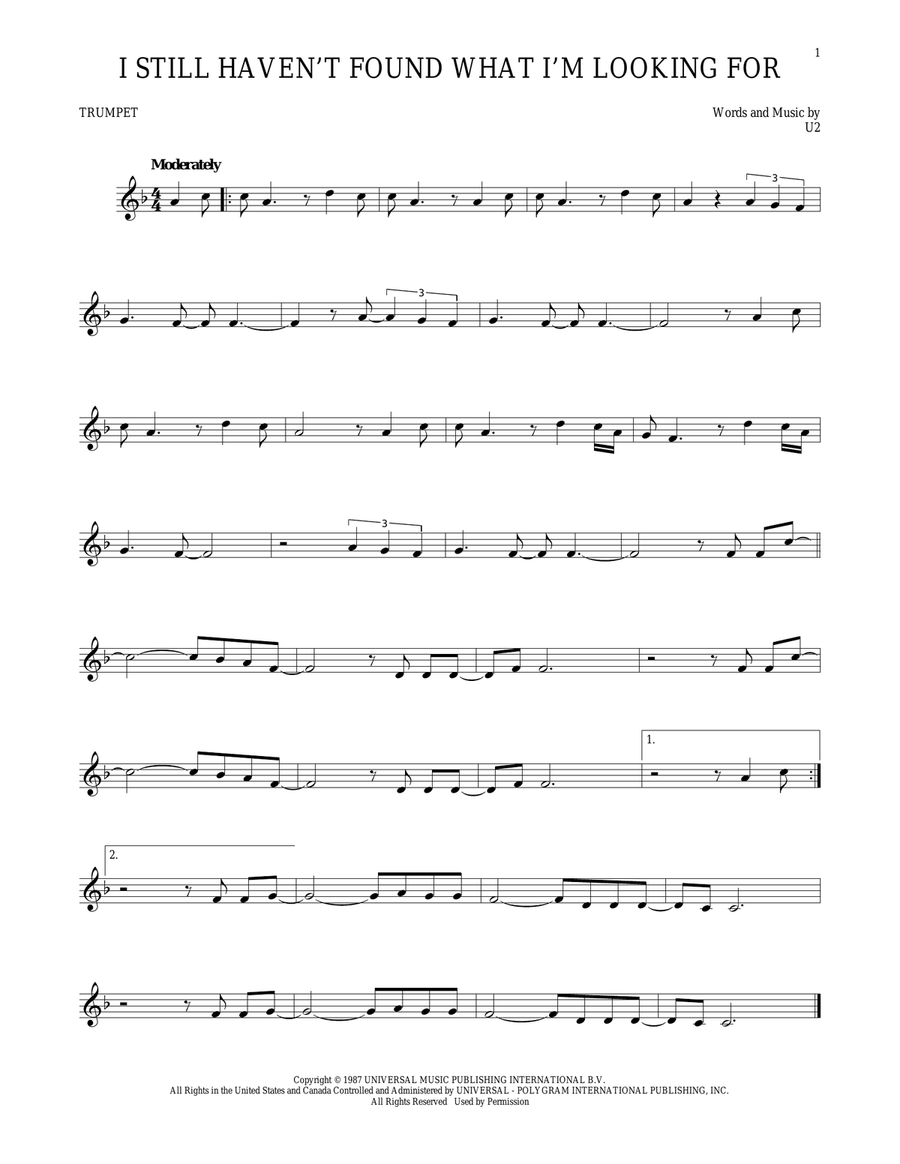 I Still Haven't Found What I'm Looking For Trumpet Solo scores gallery preview page 1