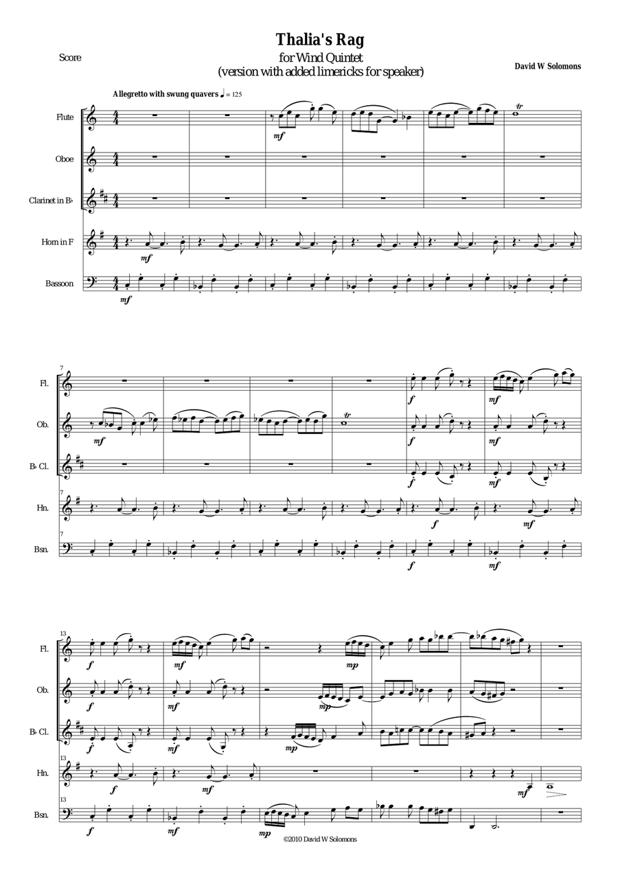 Thalia's Rag (with limericks) for wind quintet and speaker Woodwind Quintet scores gallery preview page 1