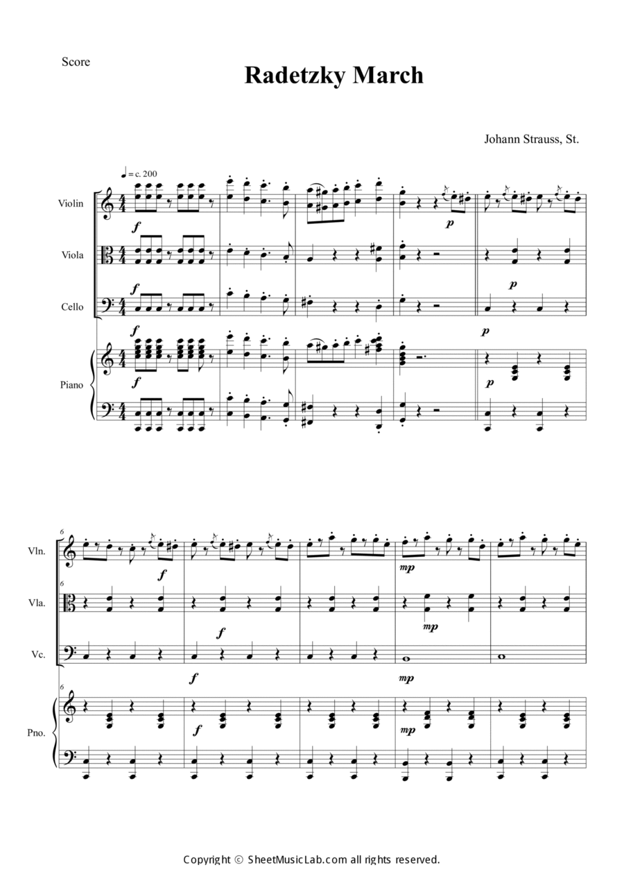 Radetzky Marsch in C Piano Quartet scores gallery preview page 1