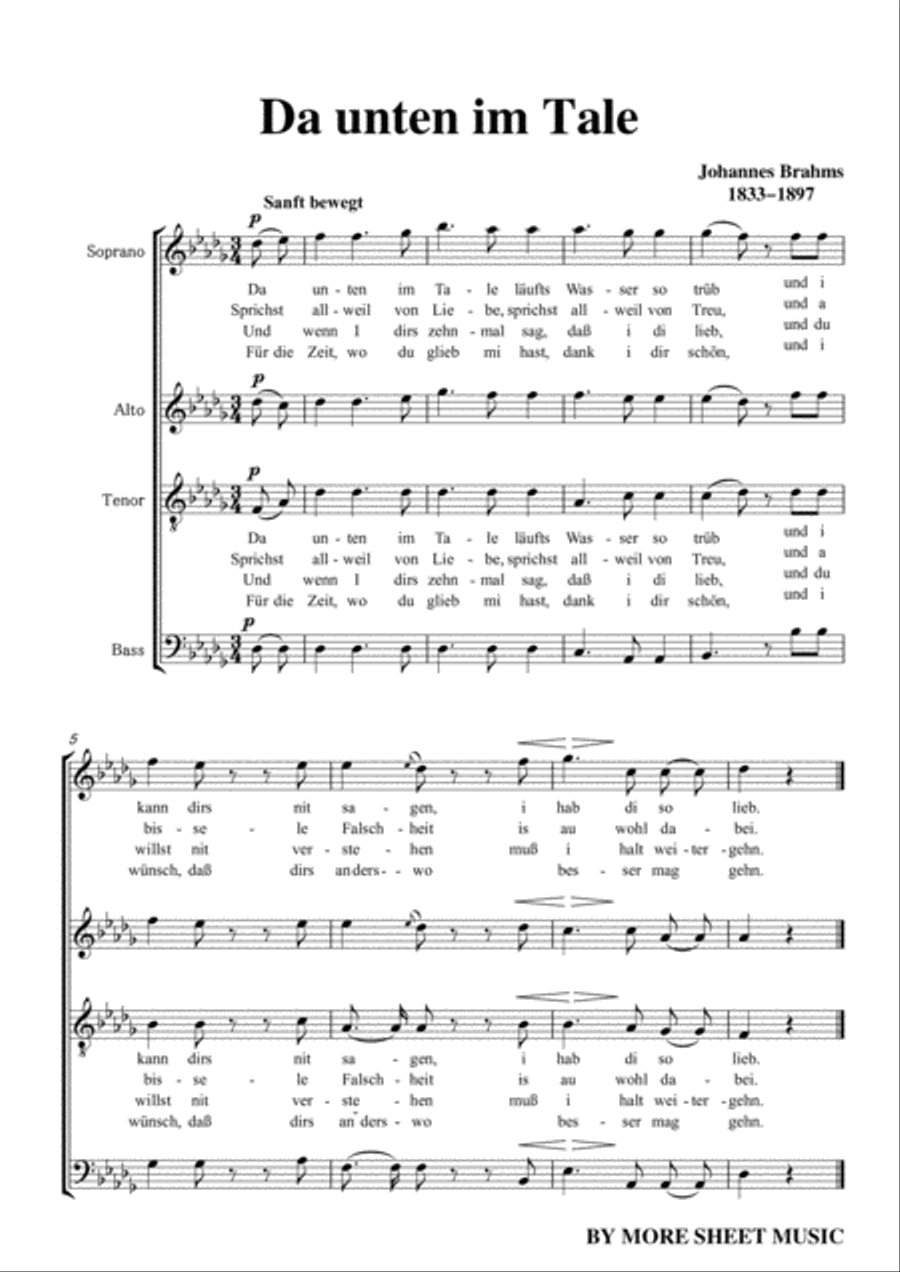 Brahms-Da unten im Tale,WoO 35 No.5,in D flat Major,from '12 Deutsche Volkslieder,WoO 35',for A capp Bassoon scores gallery preview page 3