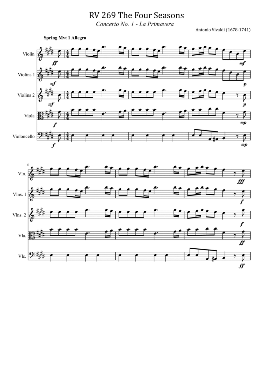 Vivaldi - RV 269 Spring Mvt 1 Allegro - The Four Seasons For String Quintet Original image number null