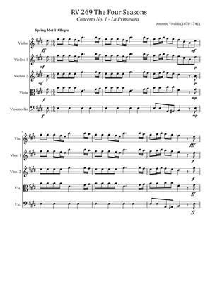 Vivaldi - RV 269 Spring Mvt 1 Allegro - The Four Seasons For String Quintet Original