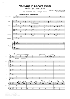 Nocturne No.20 in C Sharp minor - Clarinet Solo, Strings and Piano (Full Score) - Score Only