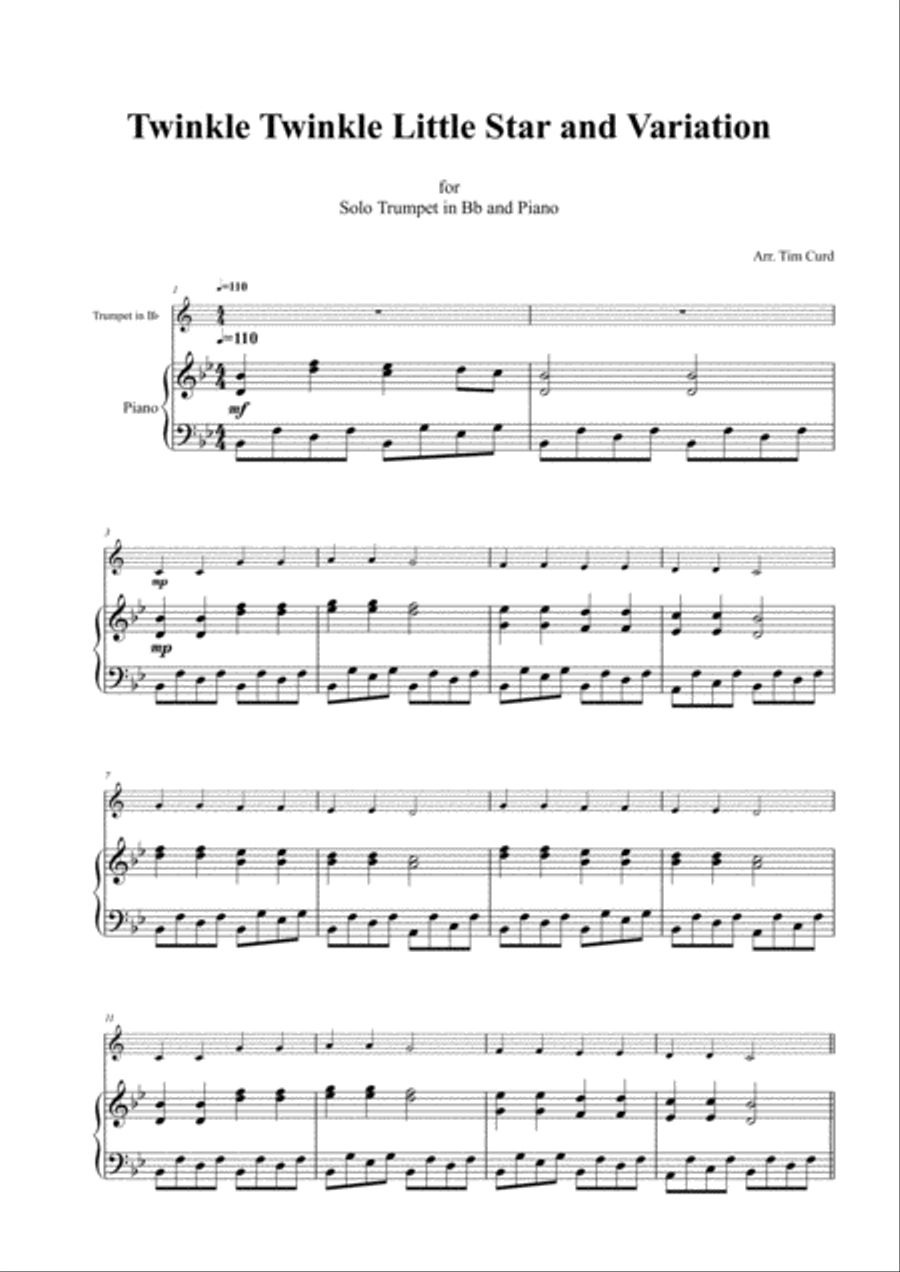 Twinkle Twinkle Little Star and Variation for Trumpet in Bb and Piano B-Flat Trumpet scores gallery preview page 2