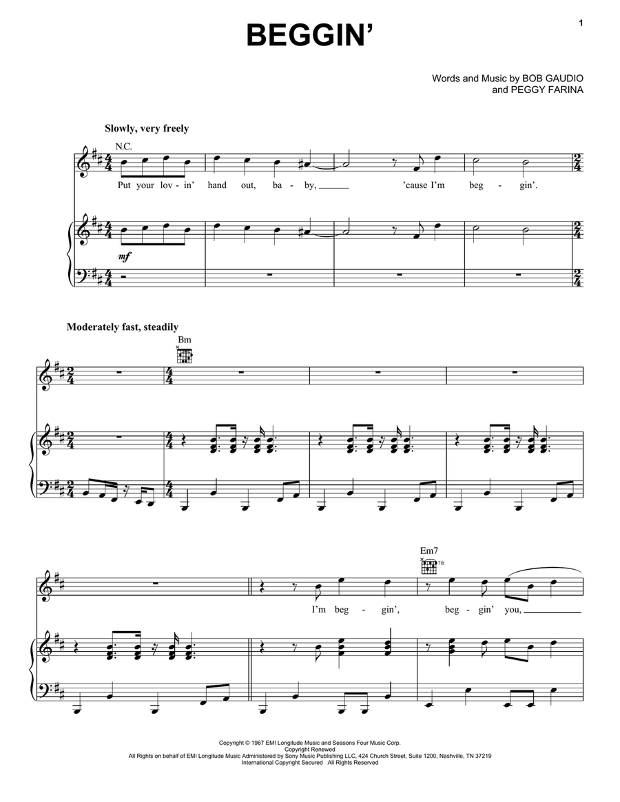 Beggin' Beggin' Piano, Vocal, Guitar scores gallery preview page 1