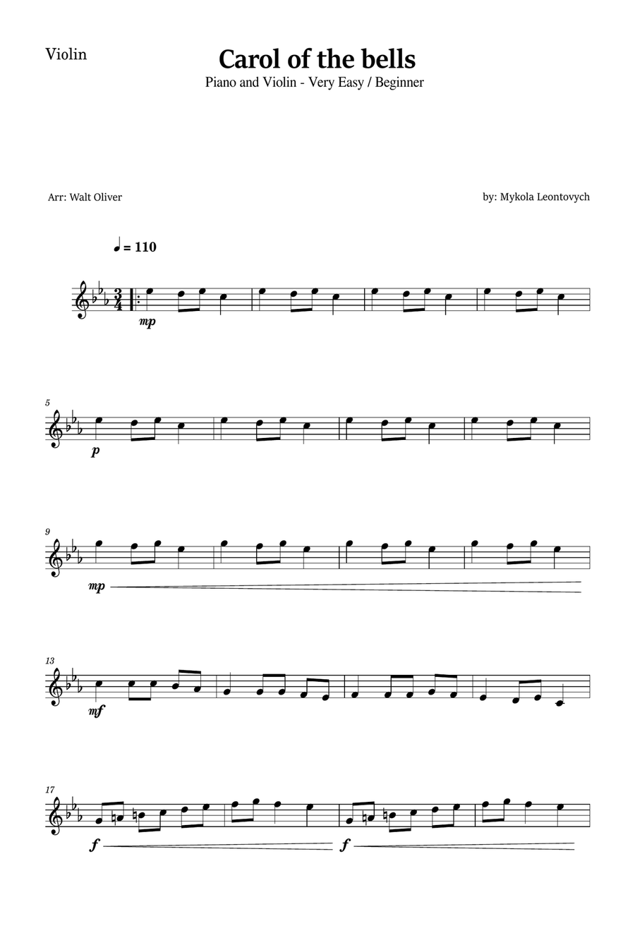 Carol of The Bells for Violin and Piano (Very Easy - Beginner) in C minor - With Chords Violin Solo scores gallery preview page 4
