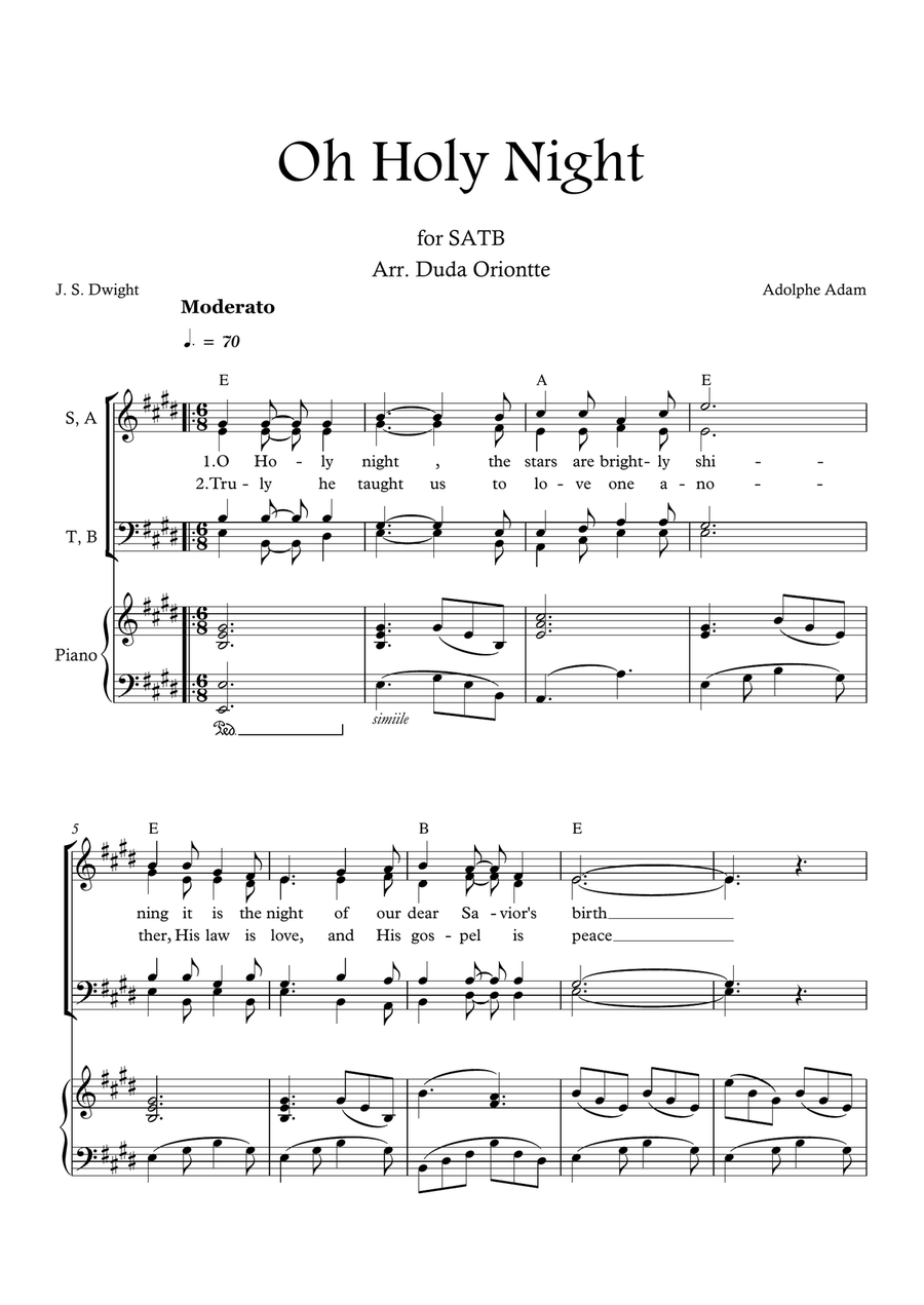 Oh Holy Night (E major - SATB - with chords - with piano - one staff) 4-Part scores gallery preview page 1