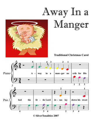 Away In a Manger Beginner Piano Sheet Music with Colored Notes