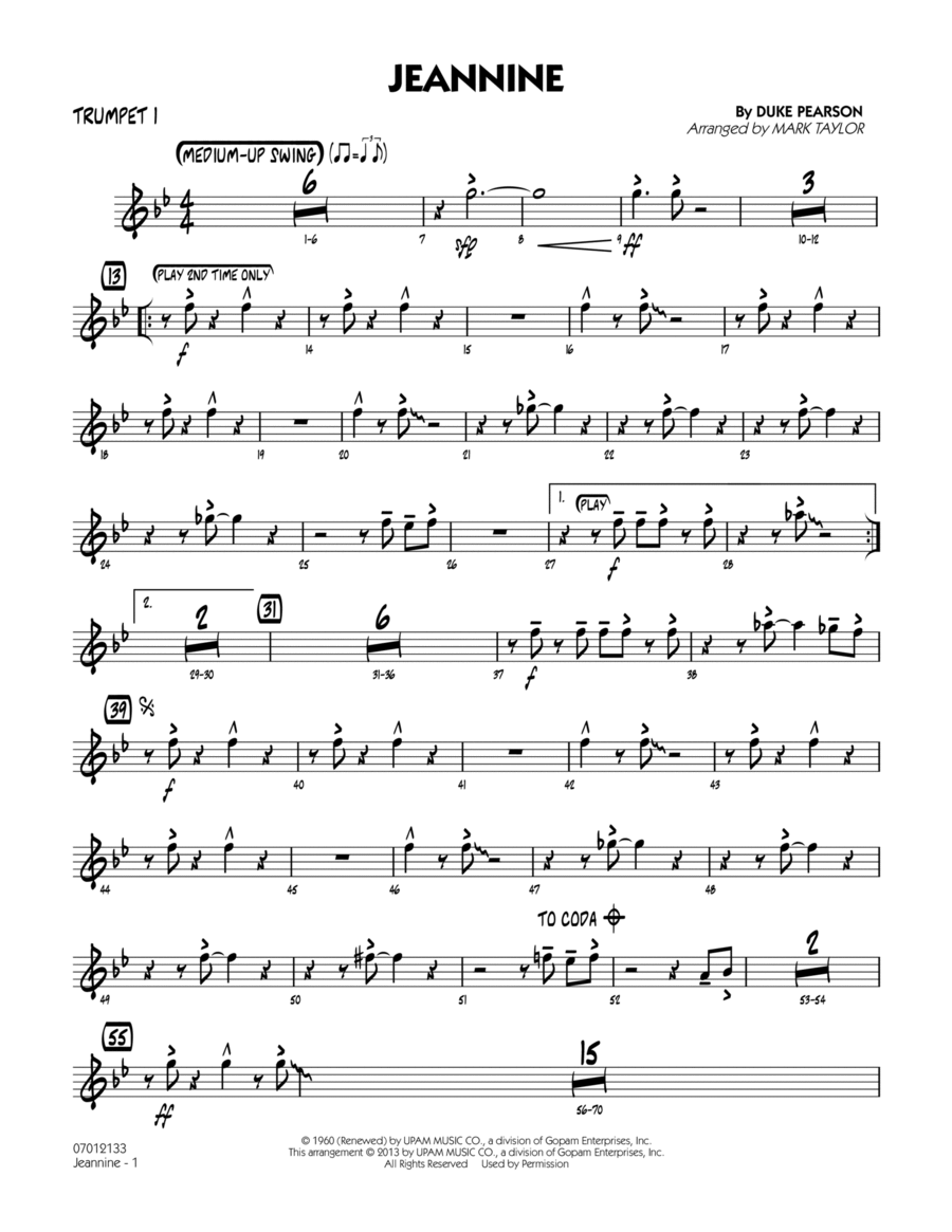Jeannine - Trumpet 1 Jeannine - Trumpet 1 Jazz Ensemble scores gallery preview page 1