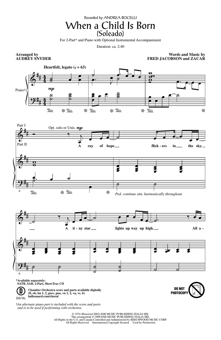 When A Child Is Born (Soleado) (arr. Audrey Snyder) 2-Part scores gallery preview page 1