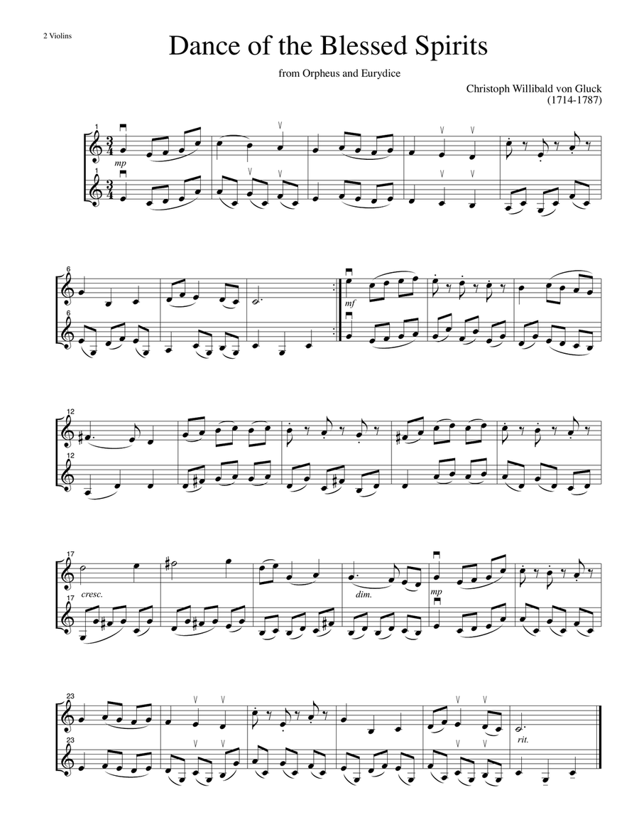 Dance of the Blessed Spirits from Orpheus and Eurydice-for 2 violins String Duet scores gallery preview page 1