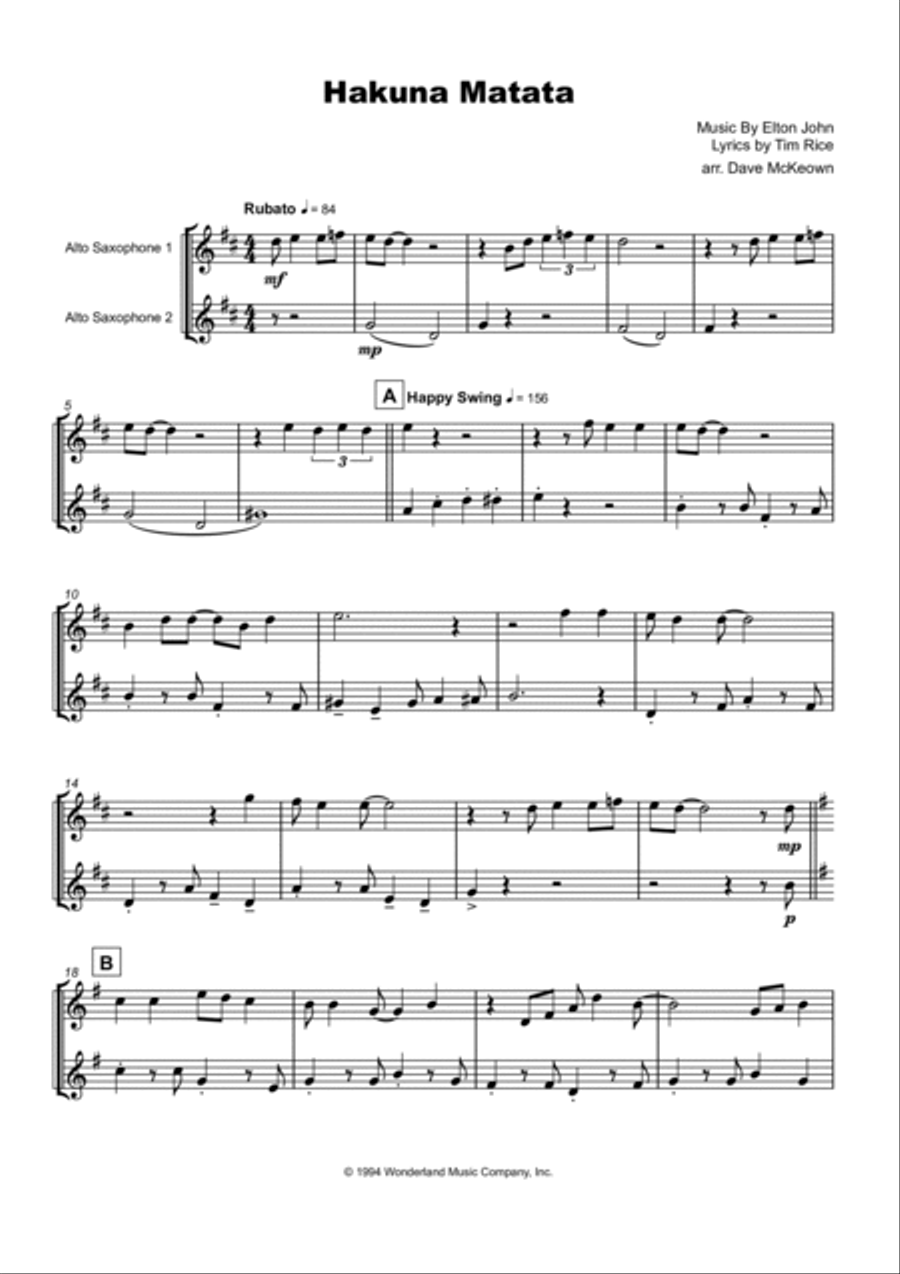 Hakuna Matata Woodwind Duet scores gallery preview page 2